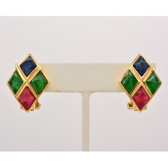 Christian Dior Vintage Cabochon Clip On Earrings Gold Green Red Signed 80s BinAG